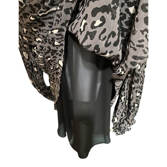 bar III Blouse 3X Sheer Keyhole Front Tie Ruffled Neckline Gray Leopard Long Slv - Picture 7 of 11
